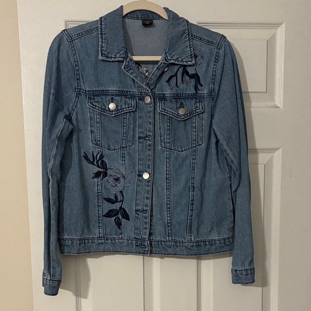 Tinseltown Blue Denim Jacket with Dark Floral Embroidered Design
